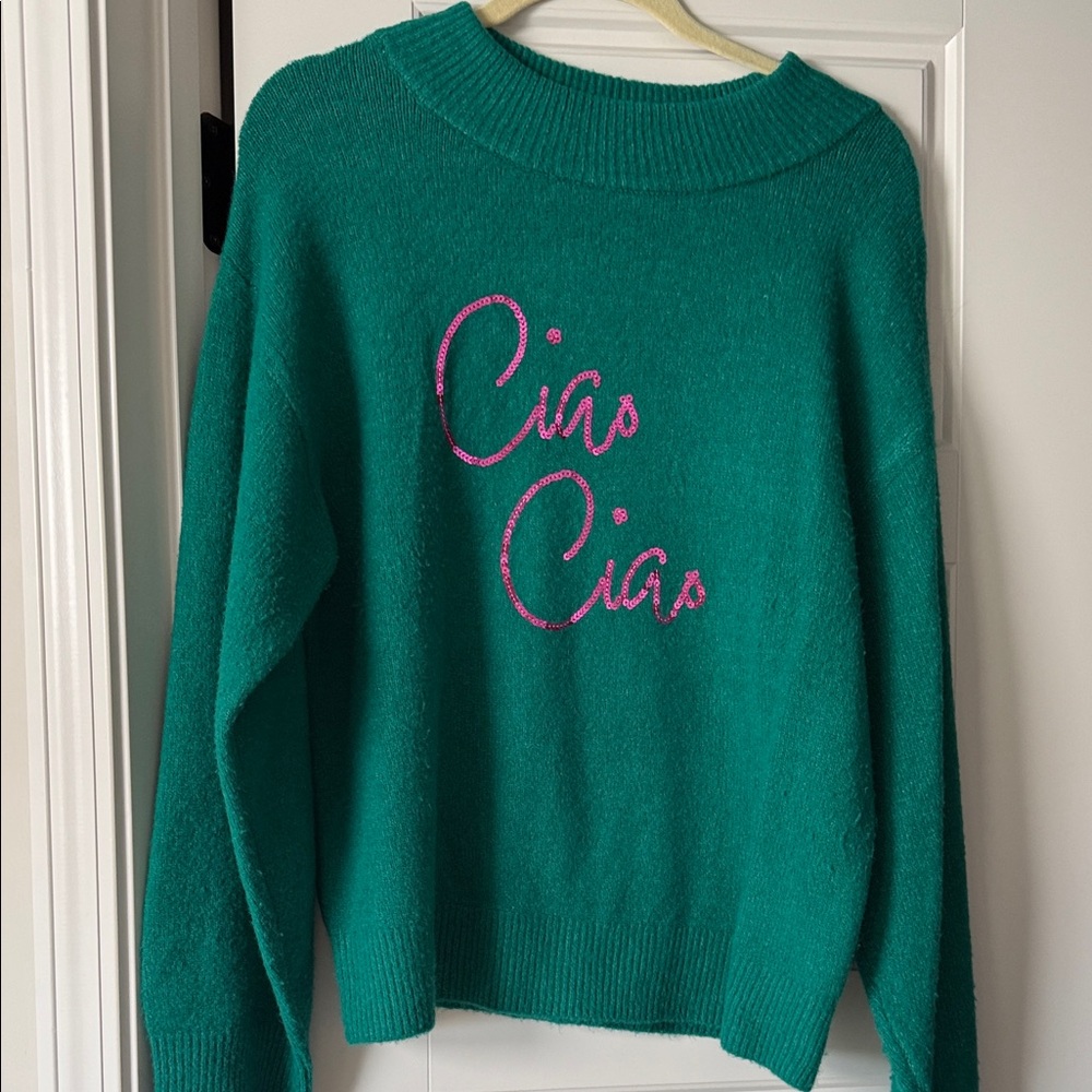 a new day Teal Crewneck Sweater with Pink 'Ciao Ciao' Embroidery